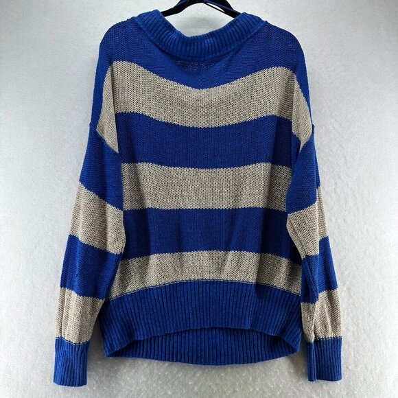 Free People Sweater Size L Cassidy Off The Shoulder Striped Tie Neck Tunic Blue - Picture 2 of 11